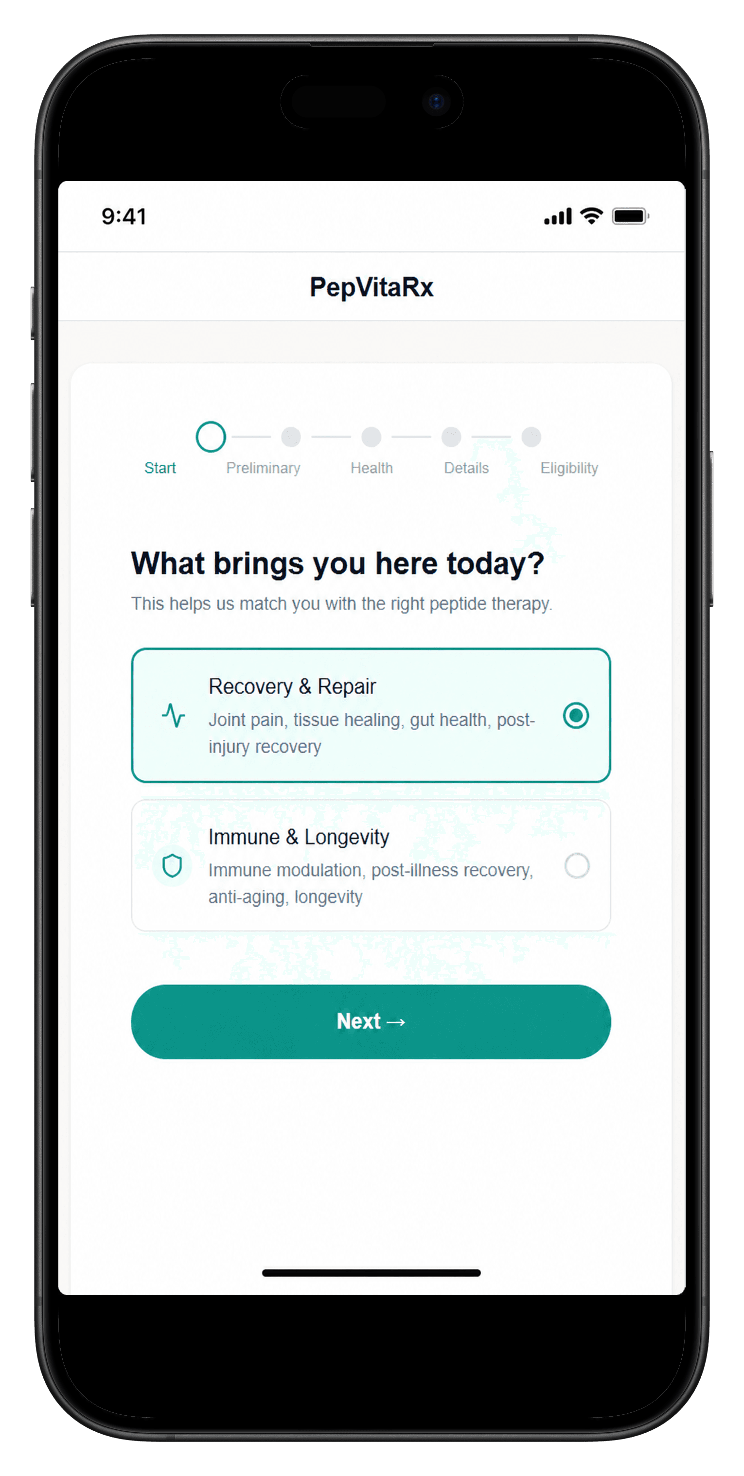 PepVitaRx intake assessment on iPhone